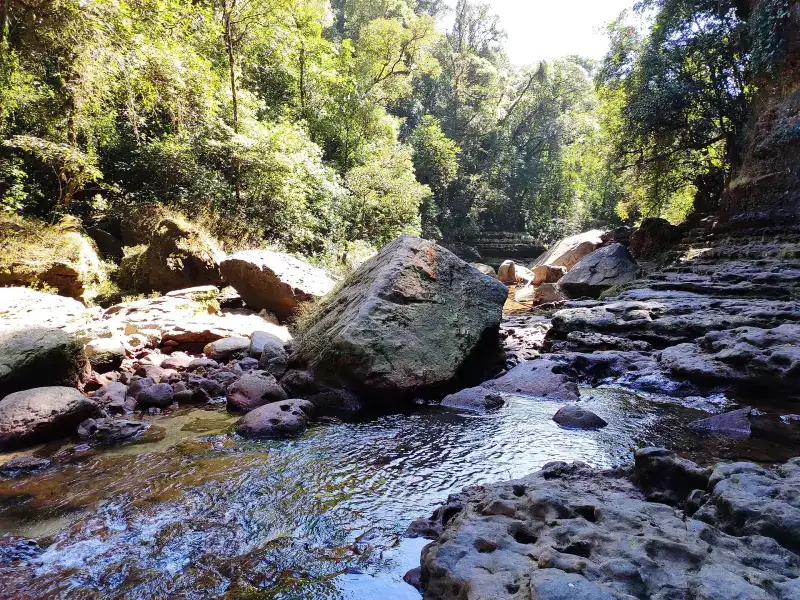 Turquoise stream and rocks near Wei Sawdong waterfall in Meghalaya