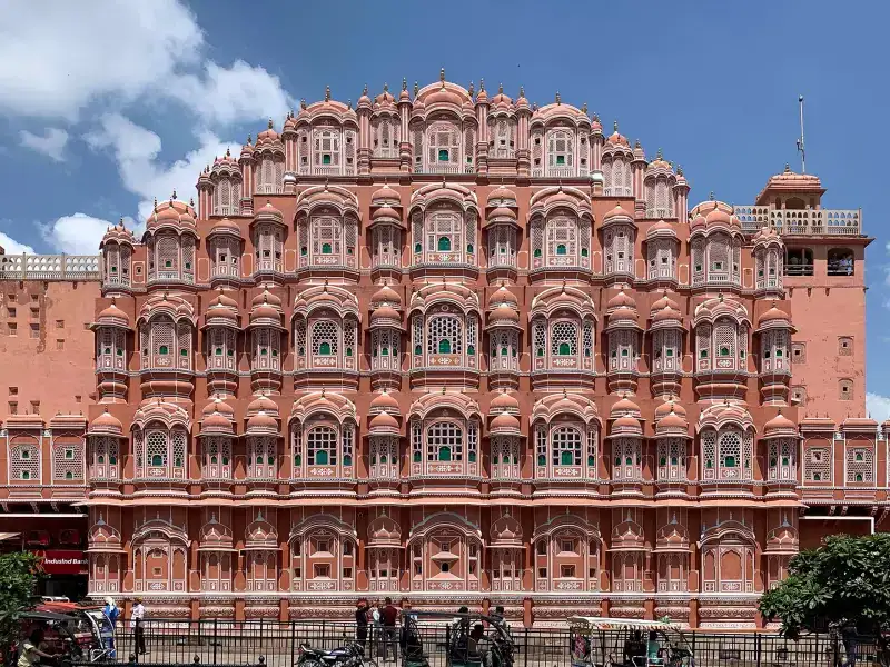 The pink sandstone facade of Hawa Mahal in Jaipur, Rajasthan