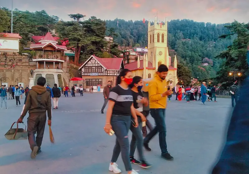 The Ridge in Shimla with Christ Church and colonial buildings