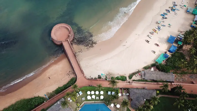 Aerial view of Fort Aguada and the beach in North Goa