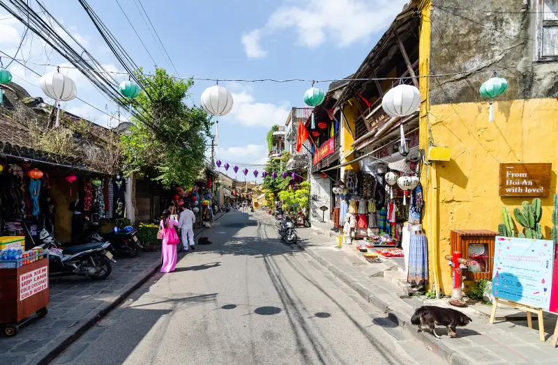 Colourful shopfronts and lanterns in Hoi An Ancient Town, Vietnam